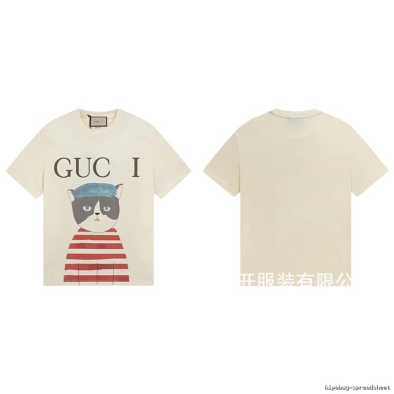 Gucci Cat Print Vintage Style Off-White T-Shirt