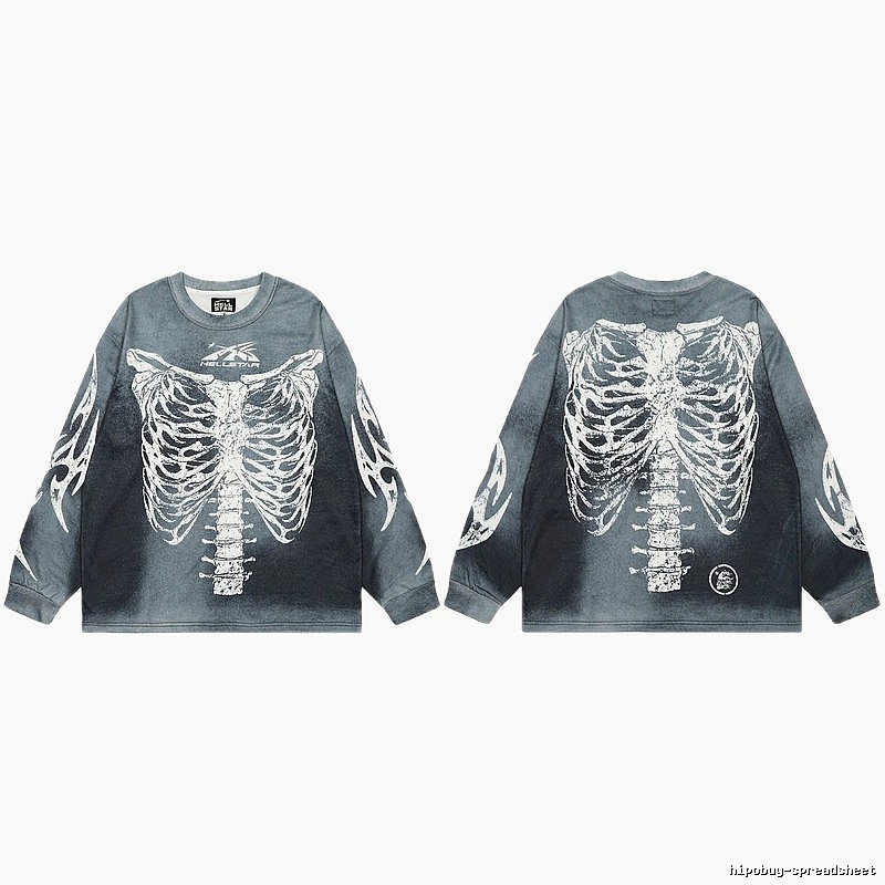 Hellstar Skull Print Street Style Vintage Grey Long Sleeve T-shirt